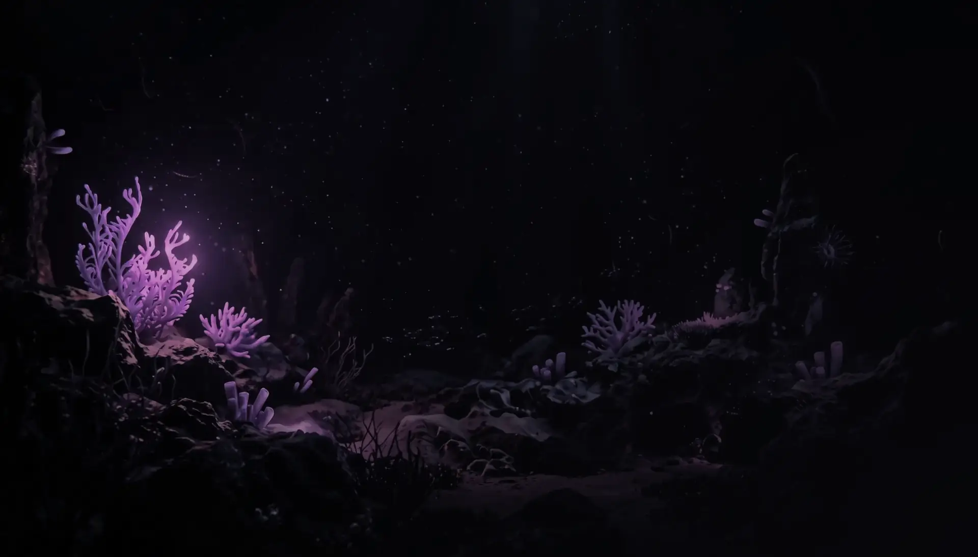 A glowing coral reef in the dark deep sea