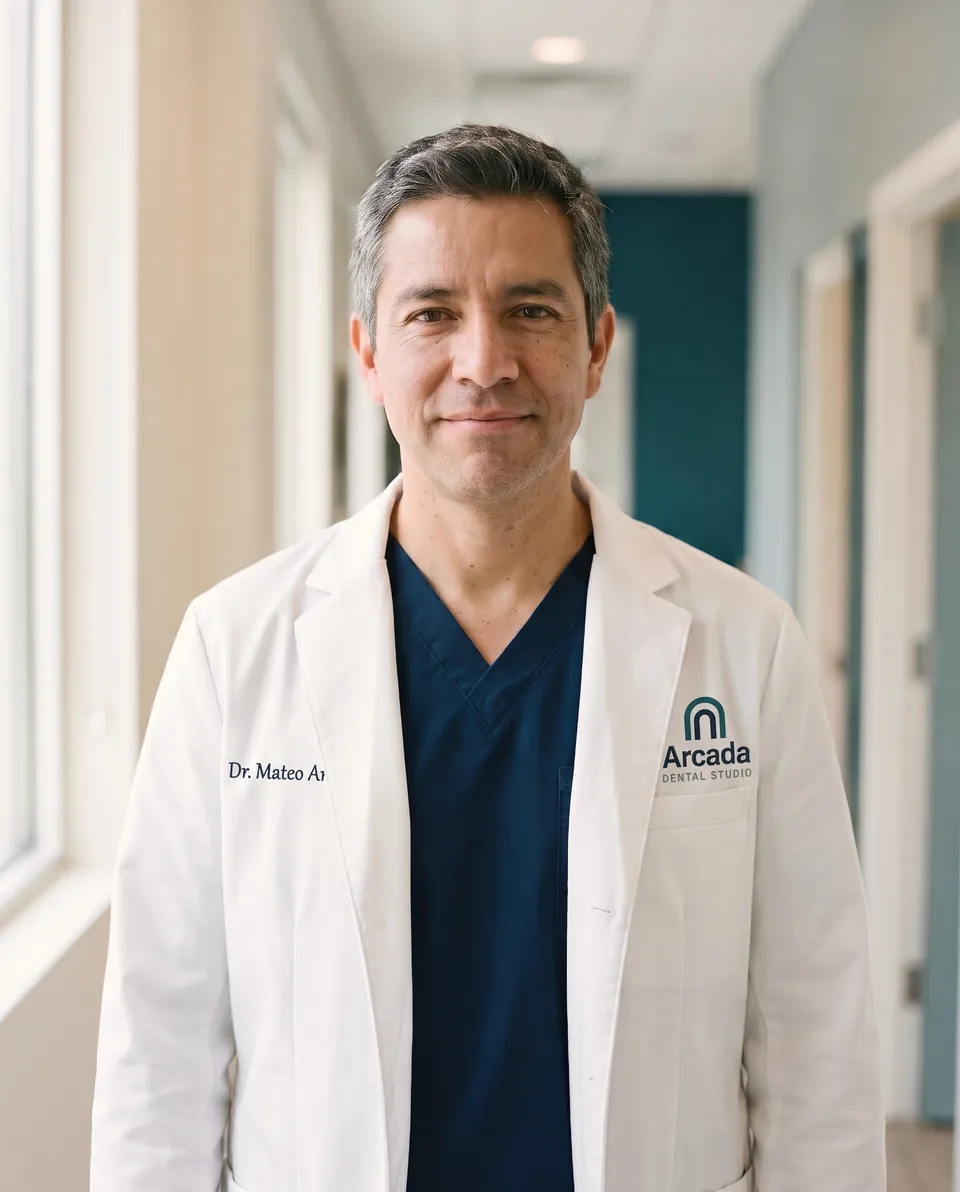 Portrait of the fictional lead implantologist in a white coat with the Arcada mark embroidered on it, in a bright clinic hallway.