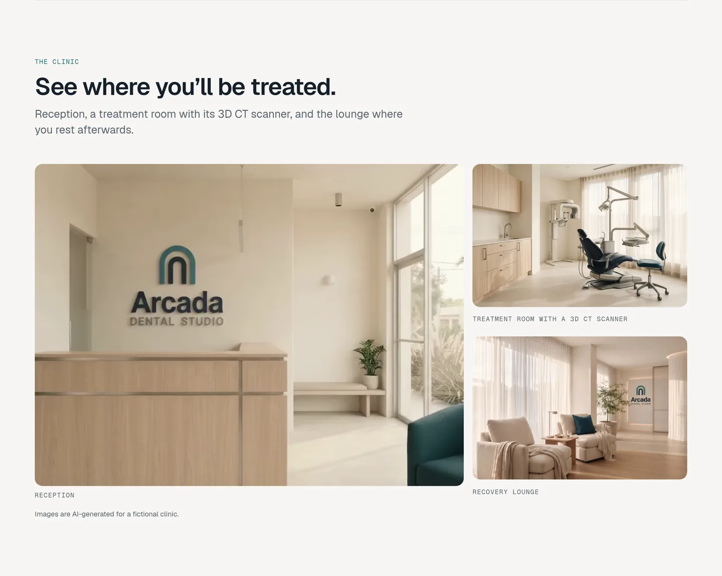 The clinic section: a reception with the Arcada sign on the wall, a treatment room with a 3D CT scanner, and a recovery lounge.