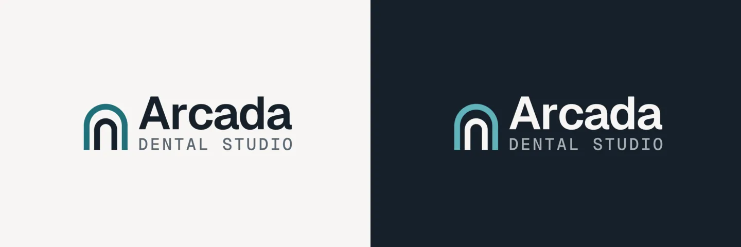 The Arcada logo, a teal double arch beside the wordmark Arcada Dental Studio, in full colour on porcelain and reversed on ink.