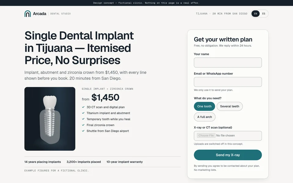 The single-implant landing page on desktop with the 3D implant still, the $1,450 itemised price and the form.