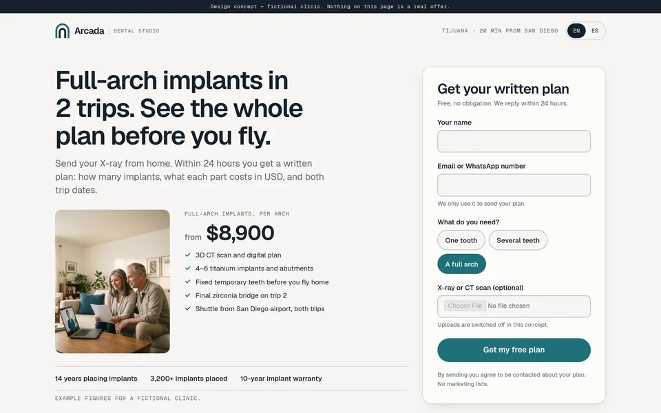 The full-arch landing page on desktop: the ad's headline, the same photo, the $8,900 price with what's included, and a short form.