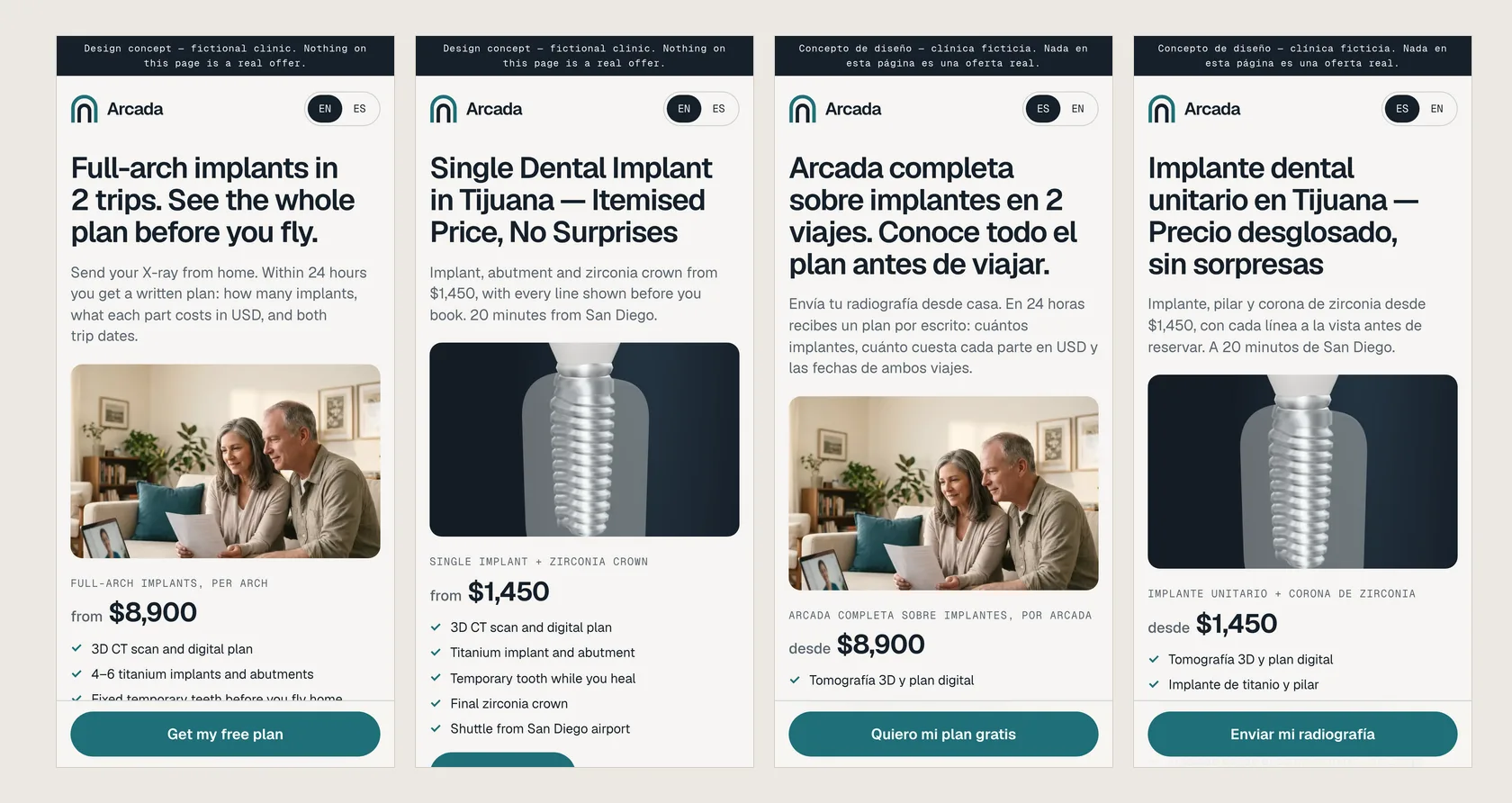 Four phone screenshots: the full-arch and single-implant landing pages in English, then the same two pages in Spanish.