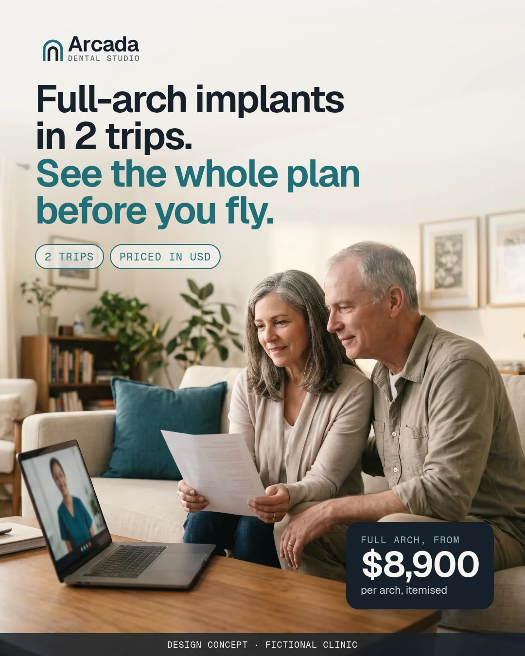 The Meta Feed ad: a couple at home reading their printed plan on a video call, with the headline Full-arch implants in 2 trips and a price tag from $8,900.