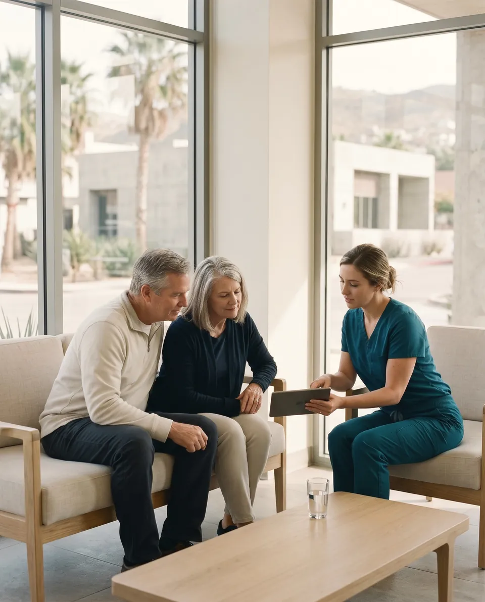 A couple in their sixties reviewing a treatment plan on a tablet with a coordinator in teal scrubs.