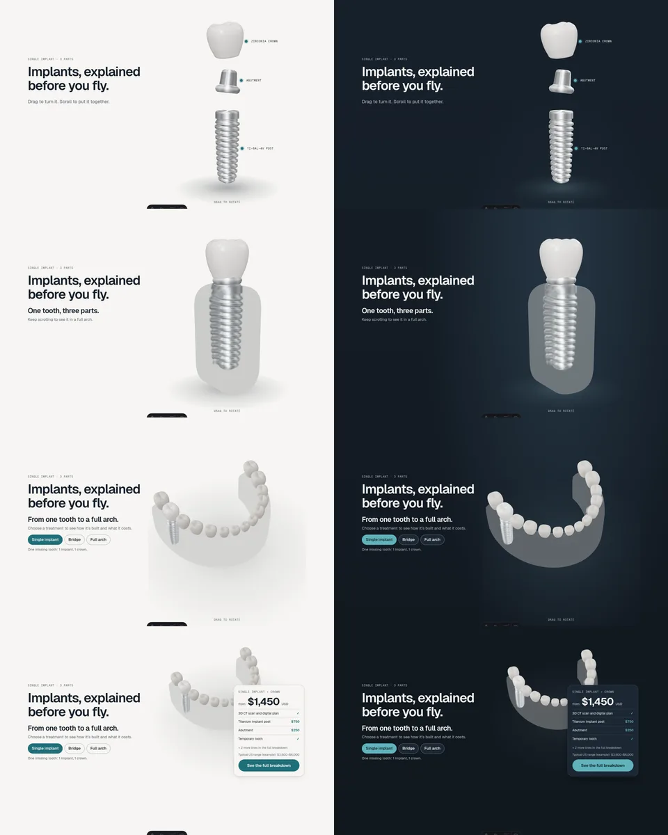 Two versions of the 3D hero compared: the implant on a light porcelain background and on a dark studio backdrop.