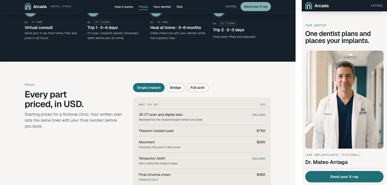 Arcada's header on desktop with the current section highlighted, and the phone layout with the “Send your X-ray” button at the bottom