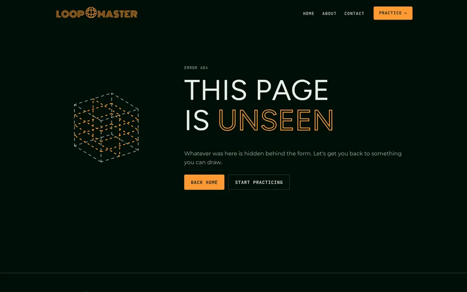 The 404 page with a cube drawn only in dashed lines.