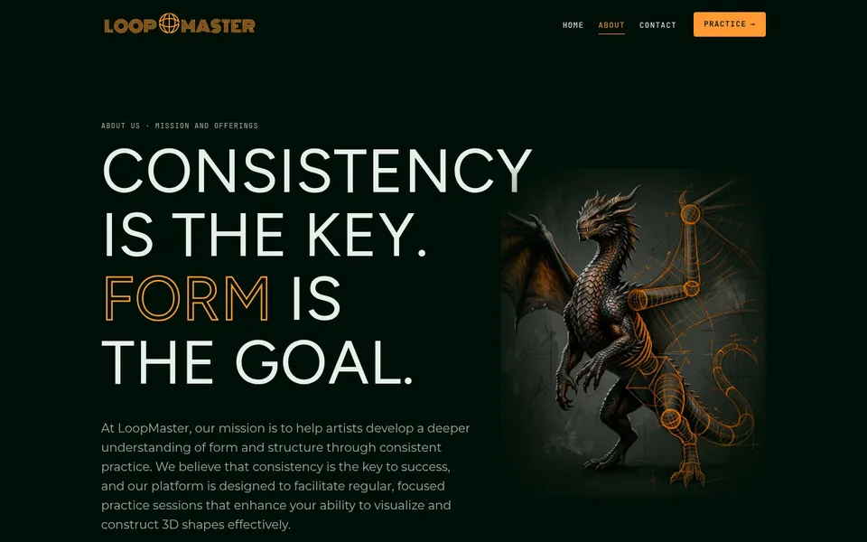 The About page with a dragon illustration re-toned to the site orange.