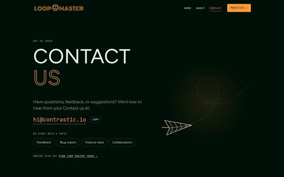 The Contact page with a construction-line paper airplane flying a loop.