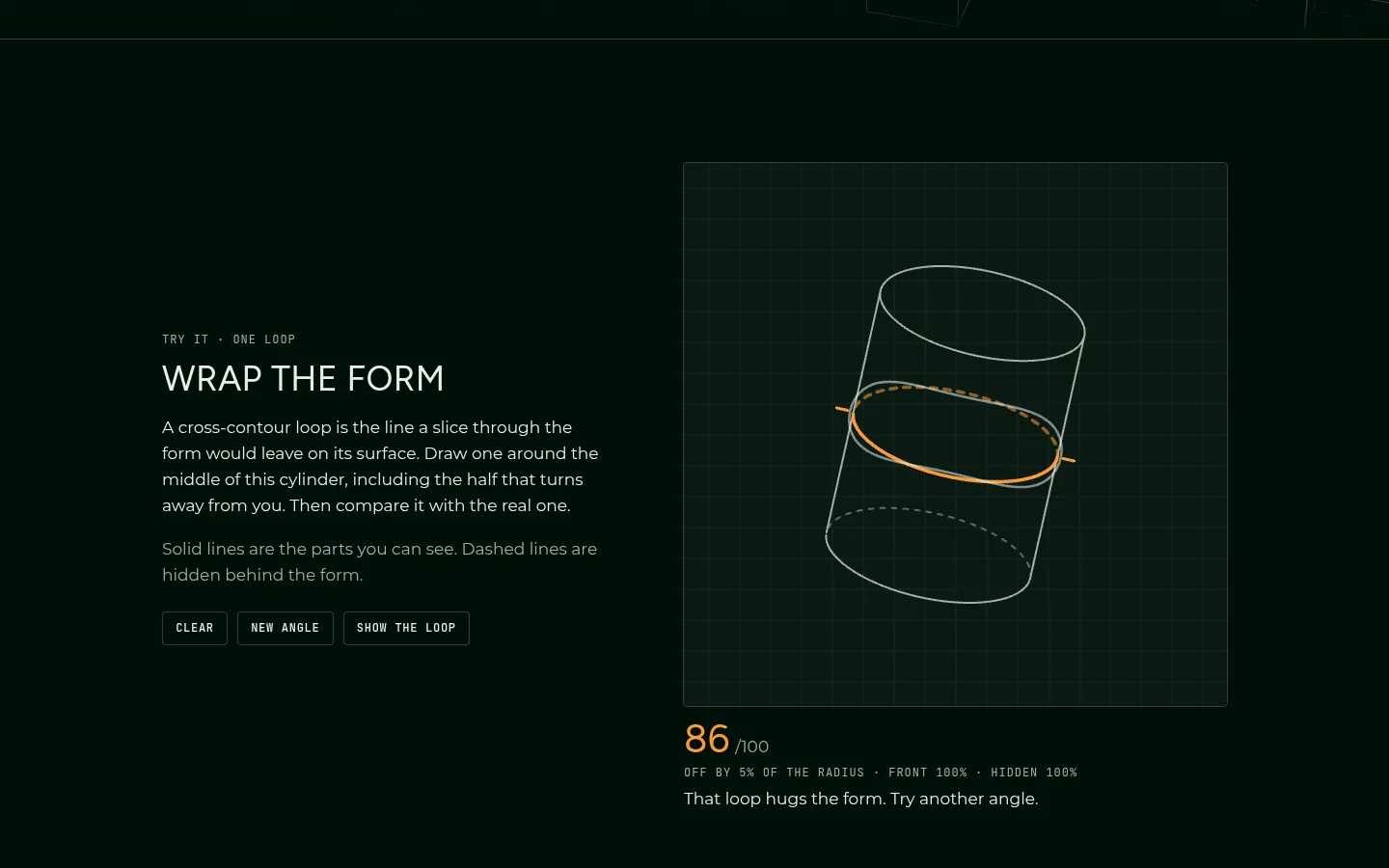 The Try it section: a hand-drawn loop around a cylinder compared with the true cross-contour, scored 86 out of 100.