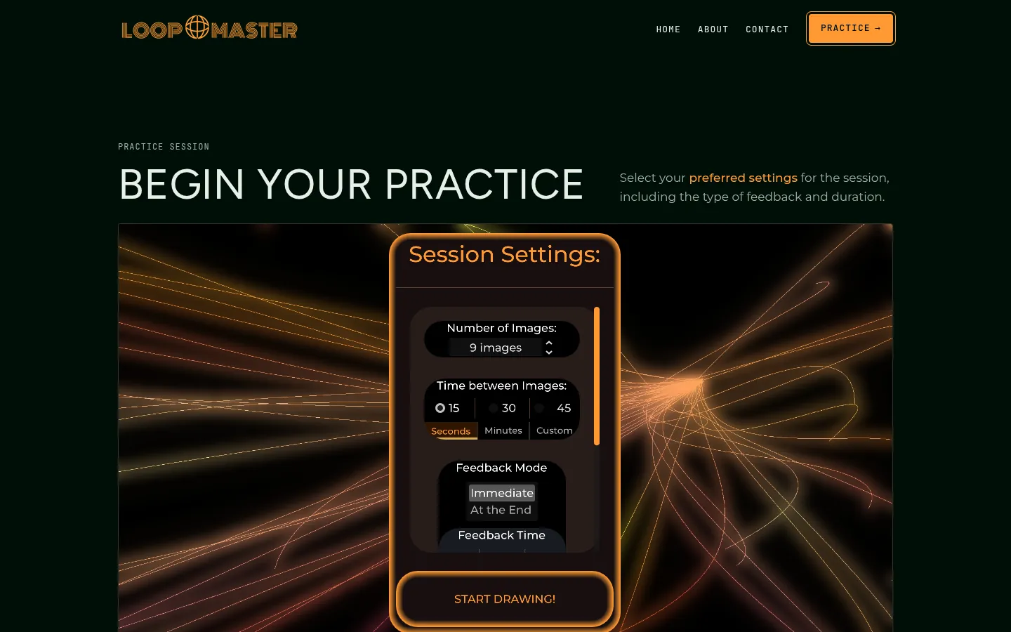 The new Practice page opening directly on the drawing game.