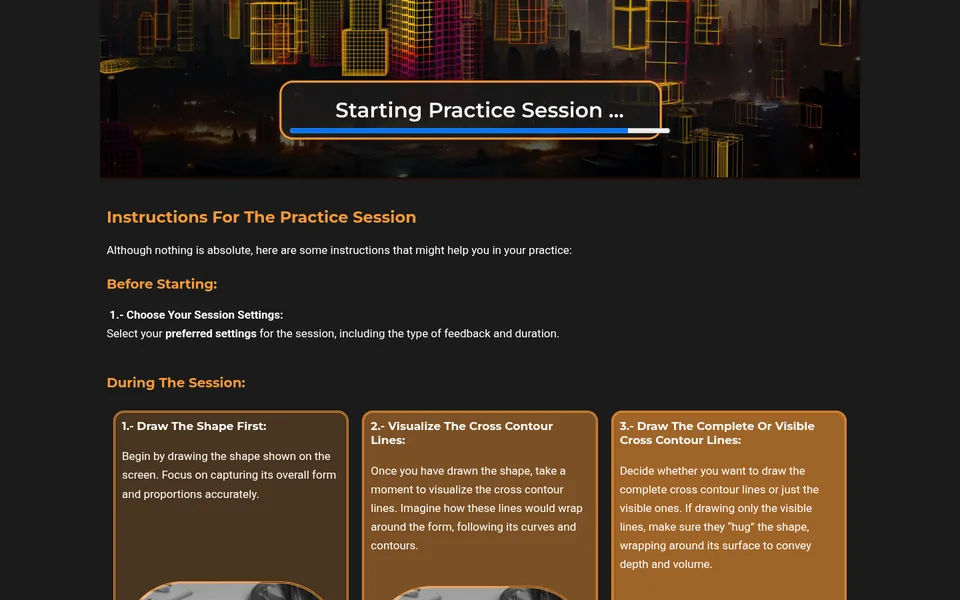 The old Practice page: long instructions in orange boxes.