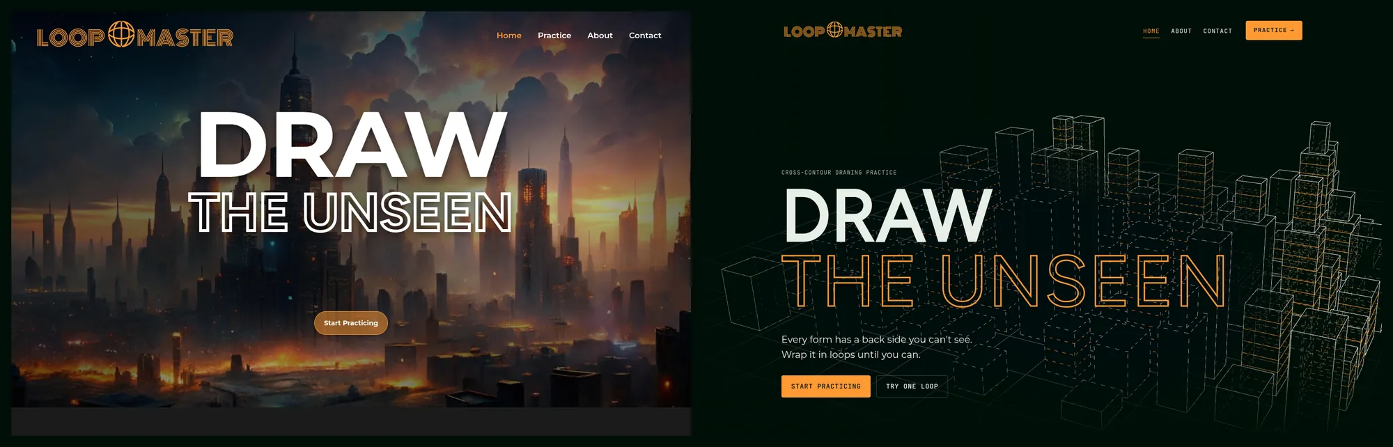 Side by side: the old hero with a painted city photo, and the new hero where the city is drawn in solid and dashed lines.