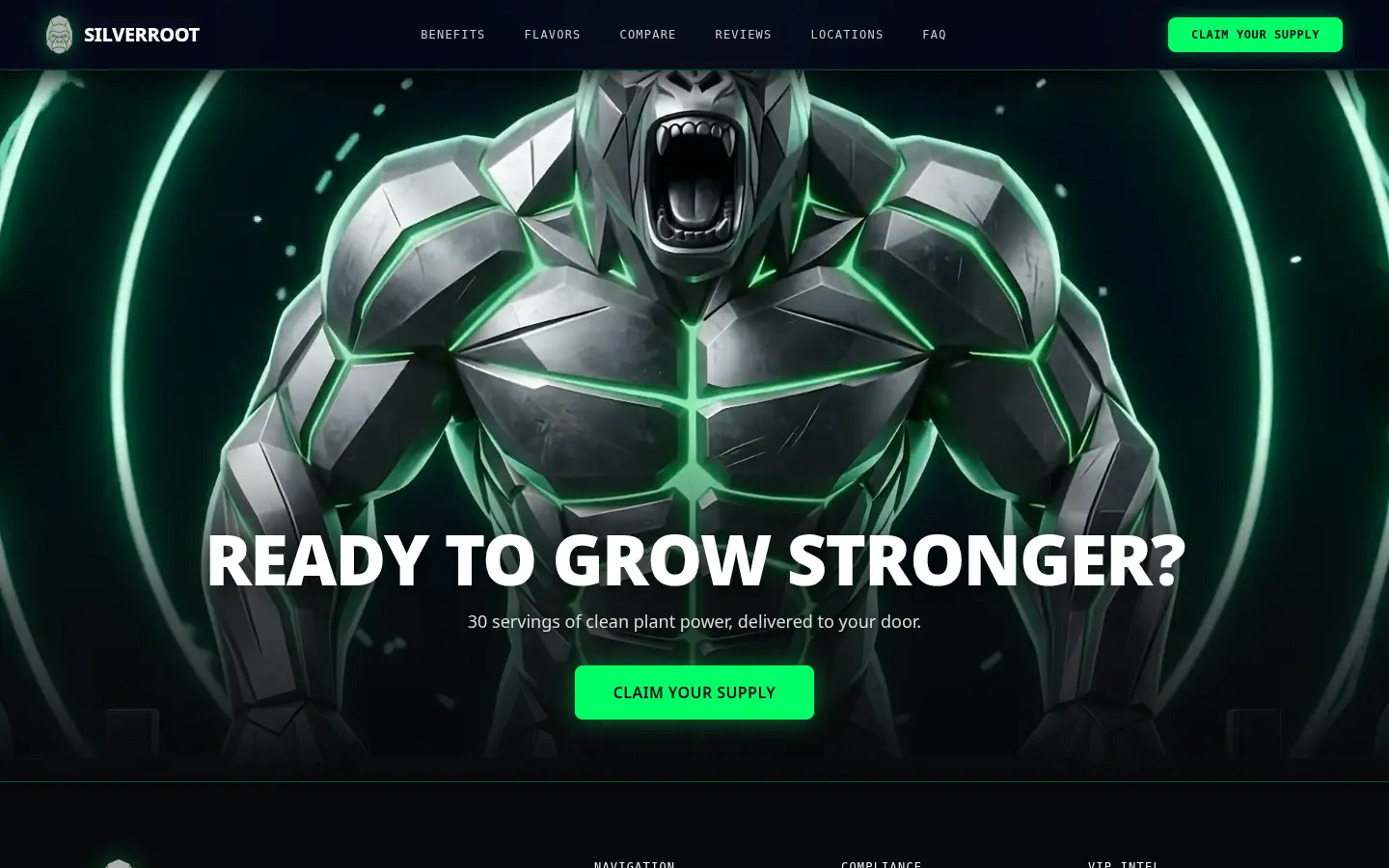 The closing section: the roaring gorilla inside green energy rings, above the headline Ready to grow stronger? and a Claim your supply button.