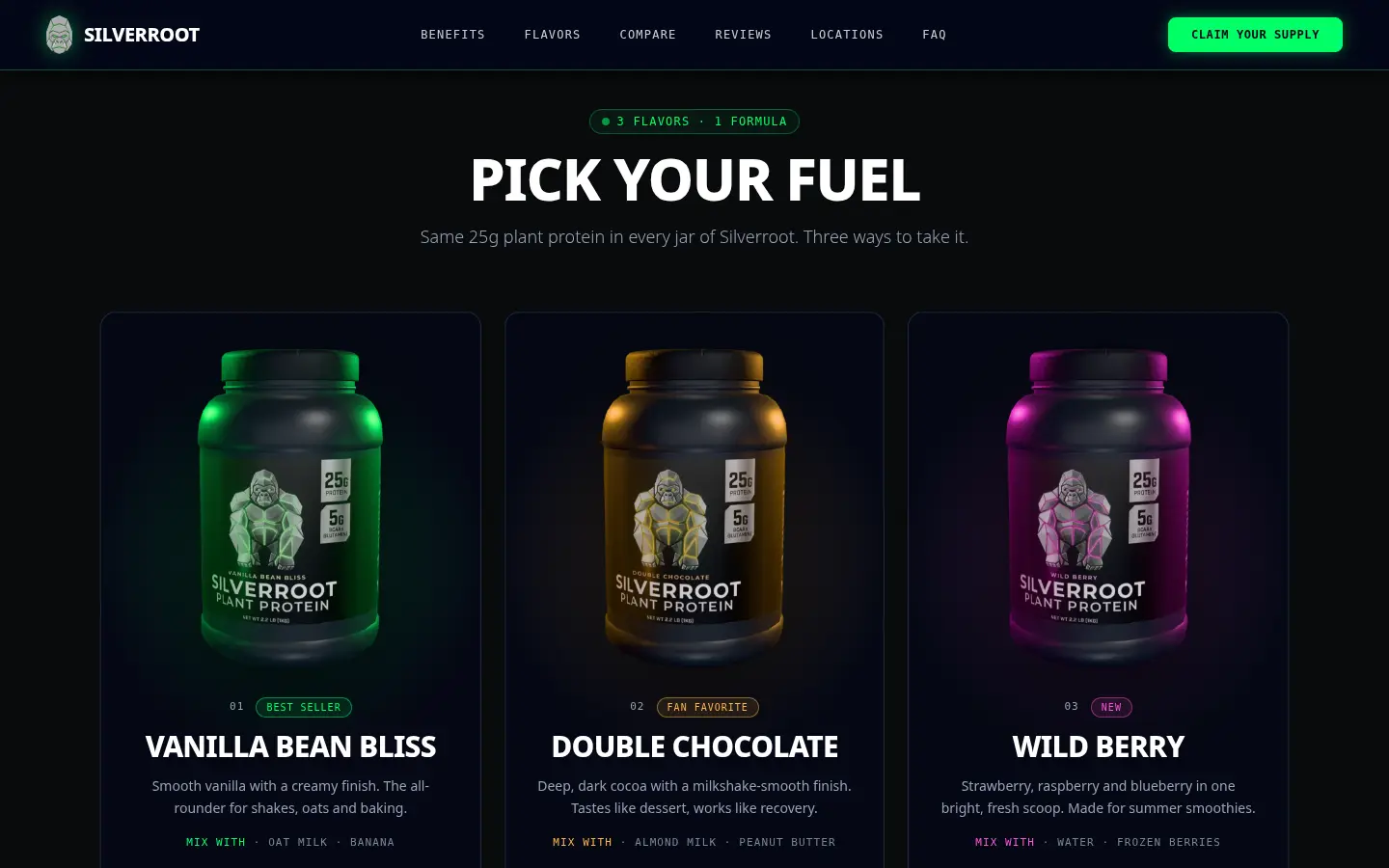 The Pick your fuel section: three cards with the Vanilla Bean Bliss, Double Chocolate and Wild Berry jars, each glowing in its own colour.