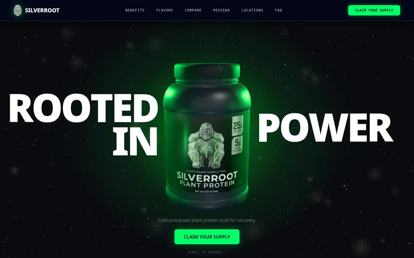 The Silverroot homepage: a black protein jar with a glowing green lid and a faceted silver gorilla on the label, between the words Rooted in and Power, in a haze of floating protein dust.