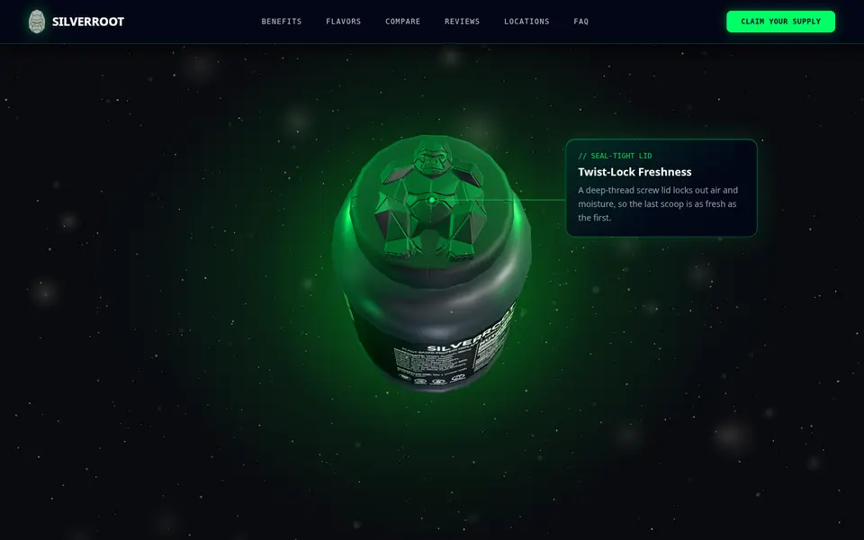 The jar tipped towards the camera to show its lid, with a card about the twist-lock seal.