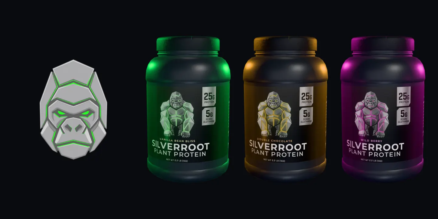 The Silverroot mark, a faceted silver gorilla head with green seams, beside three jars: Vanilla Bean Bliss glowing green, Double Chocolate glowing amber and Wild Berry glowing magenta.