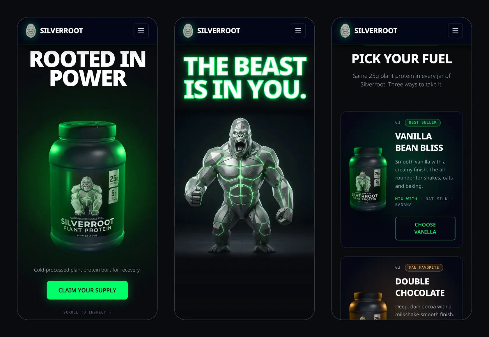 Three phone screenshots: the 3D jar hero, the gorilla story with The beast is in you, and the flavor lineup.