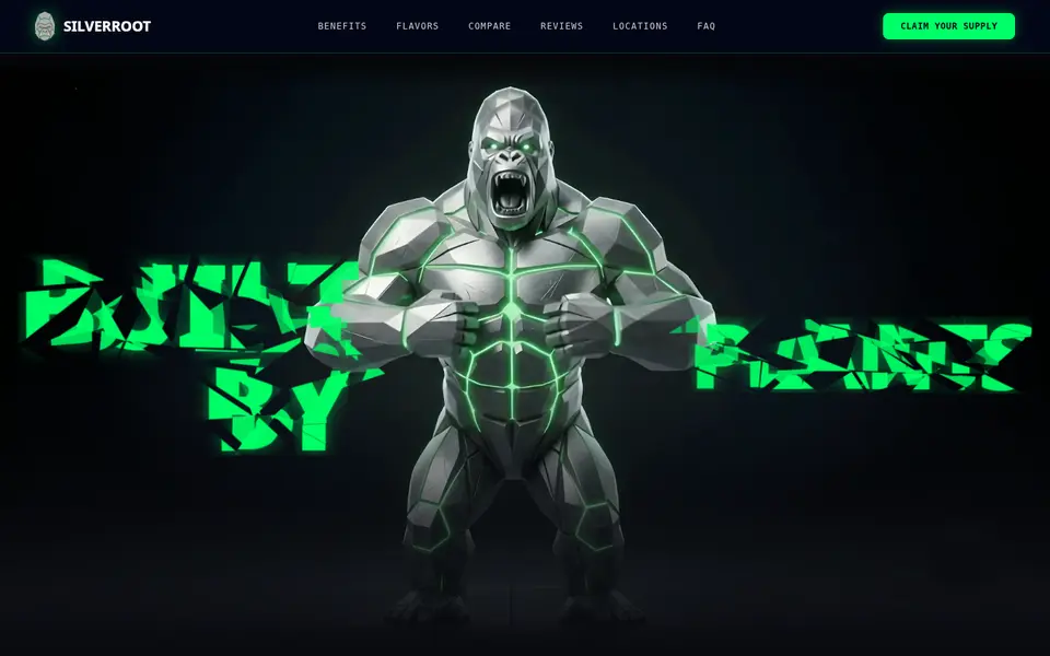 The silver gorilla roaring while the green words Built by Plants break apart on either side of him.